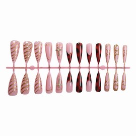 MISUD Press on Nails - Long Stiletto Glue on Nails with Fall Brown Amber, Acrylic Gold Chrome Design 24 pcs