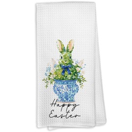 VRW Blue and White Chinoiserie Easter Bunny Kitchen Dish Towels, Happy Easter Hand Tea Towels for Kitchen Bathroom Decorations, Grand Millenial Bunny Decor Towel Gifts for Women, 16x24 Inches