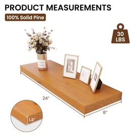 Heimlove Wood Floating Shelves for Wall,Rustic Farmhouse Floating Shelves 24 inch Set of 2,Solid Pine Wood Wall Shelf for Bathroom,Bedroom,Living Room,Kitchen,Office Decor-Honey Oak Color