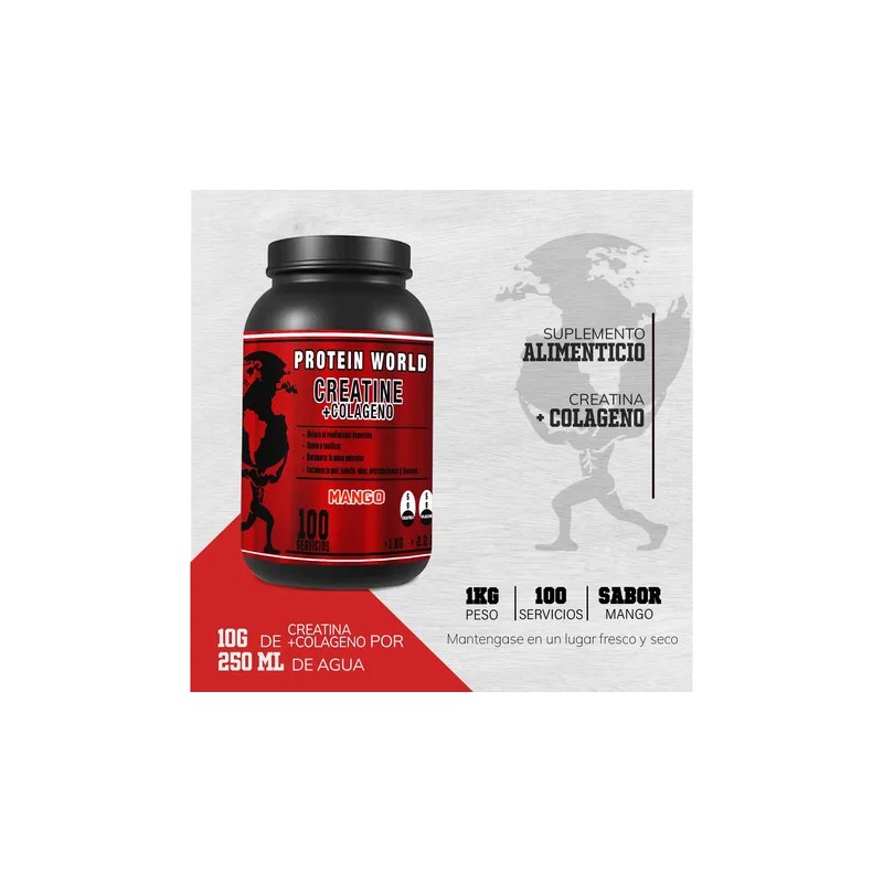Creatina Monohidratada + Colágeno World 1 Kg 100 Servicios