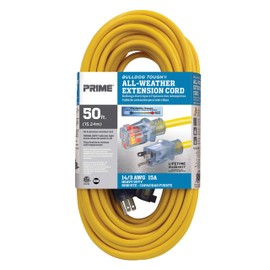 Prime Wire and Cable LT511730 50-Foot 14/3 SJTOW Bulldog Tough Extension Cord with PrimeLight Indicator Light, Yellow