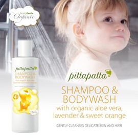 PittaPatta Organic Natural Baby Shampoo and Body Wash, by Simply Gentle - Moisturising Body Wash with Cleansing Agents - Baby-Safe with Lavender, Chamomile & Aloe Vera - (250ml)