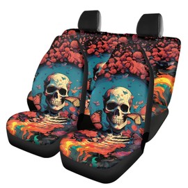 Allcute Fire Butterfly Floral Skull Car Seat Covers Full Set for SUV Trucks Van Sedan Elastic Front Rear Seat Cover Auto Bench Seat Protector Universal Fit Car Accessories Black