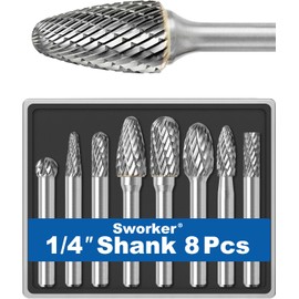 Sworker 8Pcs Carbide Burr Set 1/4 Shank w/Clear Box Max Head Dia 10mm Die Grinder Bits Rotary Tools Attachment Kit Rasp Accessories Metal Wood Stone Steel Grinding Deburring Cutting Porting Carving