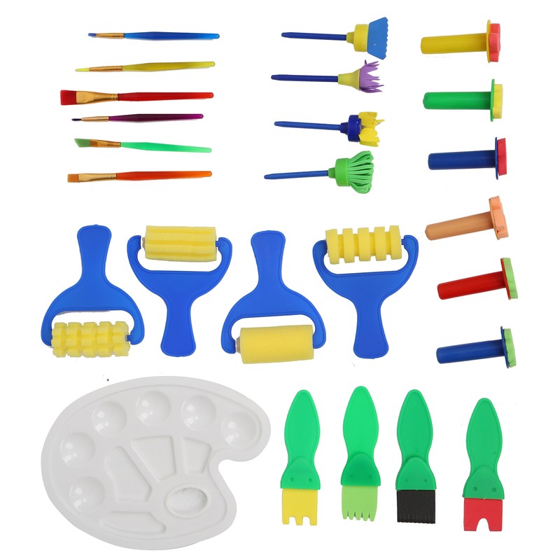 25Pcs Sponge Paint Brush Set Stamp Palette Kit Kids Graffiti