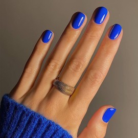 Short Square Press on Nails SWEKKE Petite Fake Nails Blue Full Cover False Nails with Nail Glue Royal Blue Solid Color Glossy Glue on Nails Stick on Nails Acrylic Nails Artificial Nails for Women Girls 24Pcs