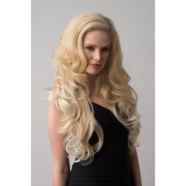 Long blonde 3/4 hairpiece (half wig), big loose curls: Zara champagne blonde #613