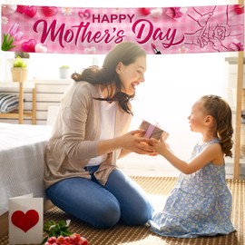 Happy Mother's Day Banner Decorations,Mothers Day Yard Sign Pink Heart Flowers Mother's Day Indoor Outdoor Hanging Banner for Best Mom Ever,Mothers Day Birthday Party Supplies