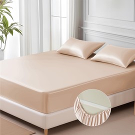 MR&HM Satin Fitted Sheet Queen Size, Silky Bottom Sheet with Elastic Corner Straps, Deep Pocket up to 15 Inch, No More Slipping Off for Mattress - 1 Fitted Sheet Only (Champagne)