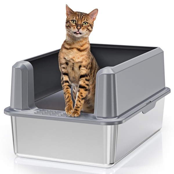 Suitfeel Enclosed Stainless Steel Litter Box, XL Metal Litter Box with High Side, Extra Large Litter Box for Big Cats, Easy Clean Kitty Litter Box Non-Stick, Anti-Leakage, Include Litter Scoop