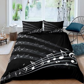 Musical Note Bedding Set Staff Pattern Comforter Cover for Kids Adult Classic Music Themed Duvet Cover Black and White Bedspread Cover Room Decor 3Pcs with 2 Pillowcase Queen Size (No Comforter)