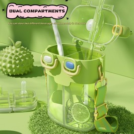 26oz Cute Water Bottle, Kawaii Water Bottle, Funny Bear Water Bottles with Straw and Strap, Dual Compartments Leak-Proof Plastic Drinking Cup for Camping Hiking Backpacking Travel Office (Purple)