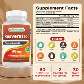 Best Naturals 2 Packs Resveratrol Complex 500 mg 60 Veg Capsules Made with Grape Skin, Red Wine, Quercetin - Gluten Free & Non GMO - (Total 120 Capsules)