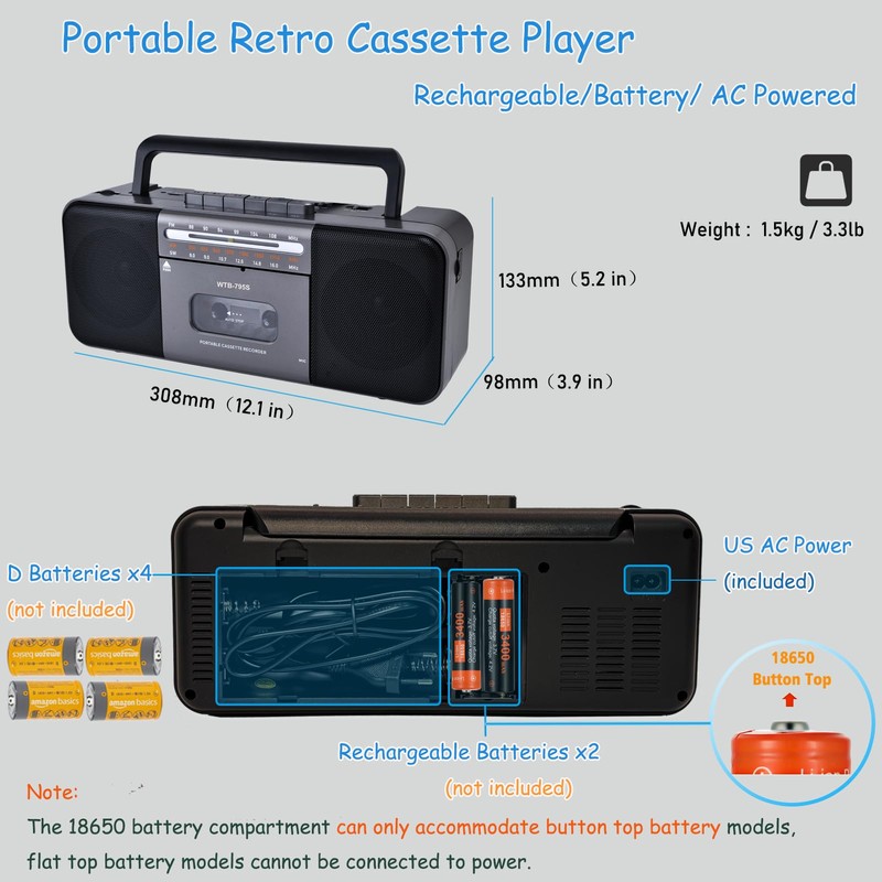 Portable Cassette Tape Player Recorder,AM/FM/SW Radio with Bluetooth,USB/SD, Big 10W