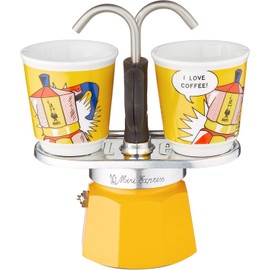 Bialetti - Mini Express Lichtenstein: Moka Set includes Coffee Maker 2-Cup (2.8 Oz) + 2 shot glasses, Yellow, Aluminium