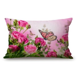 Flower Decor Butterfly Fliying on The Pink Rose Pillow Covers 12" x 20" Lumbar Pillow Covers Home Decorative Cotton Linen Cushion Case for Sofa Couch Housewarming Family Room Décor