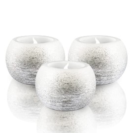 FURORA LIGHTING Silver Glittery Real Wax Flameless Candles Pack of 3, LED Flickering Round Candles Perfect for Wedding Décor, 2.4’’(W) x 1.6’’(H), Battery Included