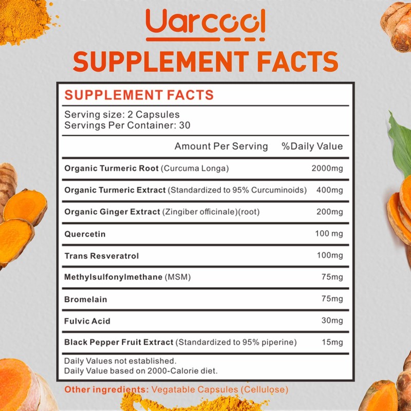 Uarcool Turmeric Curcumin Supplement 2400mg, with Black Pepper Extract for