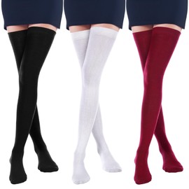 SATINIOR 3 Pairs Extra Long Socks Thigh High Cotton Socks Extra Long Boot Stockings for Women(Black, White, Wine Red)