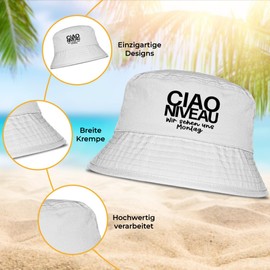 Ciao Level to Monday - Funny Bucket Hat - The Perfect Sun Hat for Men & Women - Ideal as a Malle Outfit, Party Accessory & Festival Bucket Hat for the Beach, White, Unit size