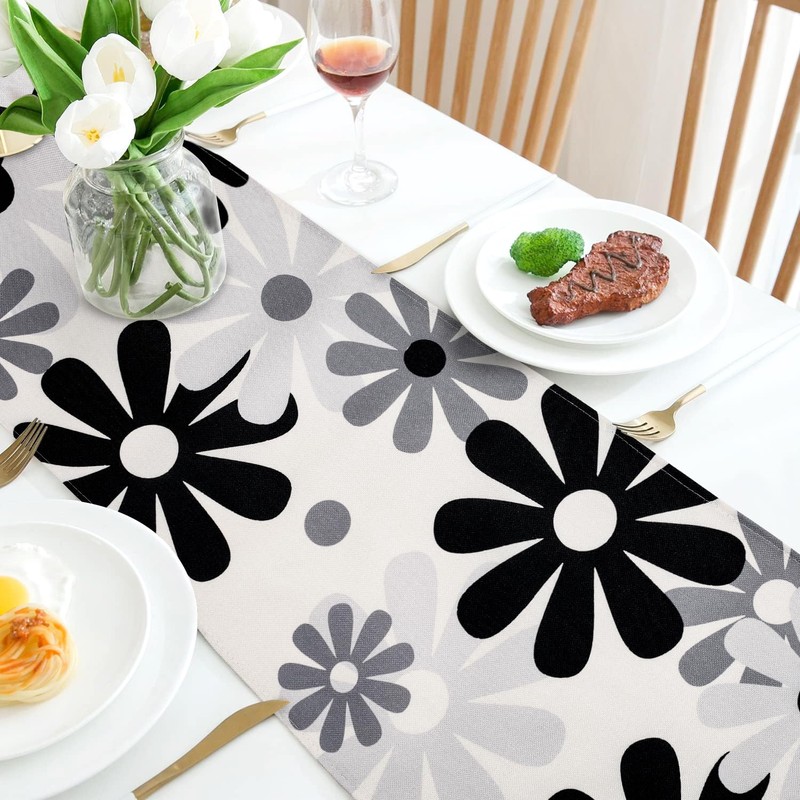 Black Grey Table Runner Modern Floral Table Runner Outdoor Table