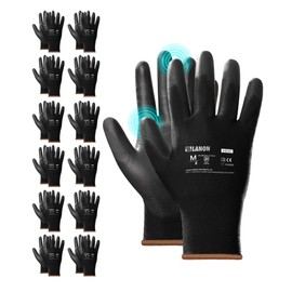 LANON 12 Pairs PU Professional Work Gloves, Multi-Purpose Work Gloves for Men, Seamless Knitted, Black, XL/10