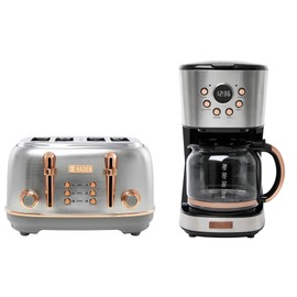 Haden Heritage 4 Slice Wide Slot Stainless Steel Toaster Bundled with 12 Cup Programmable Drip Coffee Maker Coffee Machine, Steel & Copper