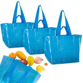 RAINFLOW Reusable Grocery Bags Set of 3 Tote Bag – Durable Blue Shopping Bags with Handles, Foldable Storage Bags for Groceries, Home Organization and Light Moving Carry Use