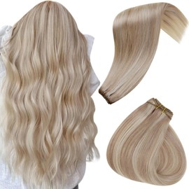 Hetto Weft Hair Extensions Human Hair Blonde Double Weft Human Hair Extensions Ash Blonde Highlight Bleach Blonde Sew in Real Human Hair Extensions for Women 20inch 100g