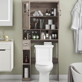 Vabches Over The Toilet Storage Cabinet, Storage Cabinet Over Toilet with Double Doors & Toilet Paper Holder Stand, Freestanding Toilet Rack Space Saver with Anti-Tip Design and Adjustable Shelf, Grey
