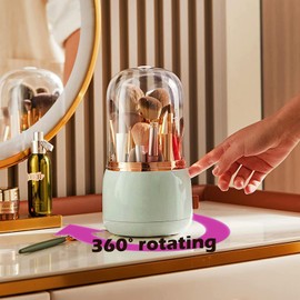 Makeup Brush Holder, Dustproof & Waterproof Make Up Brushes Container, 360 Rotating Cosmetics Make up Brush Organizer Storage with Lid for Vanity and Bathroom (Light green)