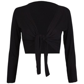 FASHION MY LOVE Womens Long Full Sleeves Ladies Stretch Bolero Cropped Cardigan Front Tie Knot Shrug Top Women's Plain Bolero Front Tie Knot Shrug - Ladies Long Sleeve Cropped Cardigan Top Black