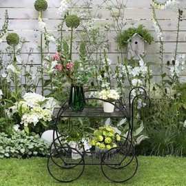 Henf Metal Garden Cart Stand Iron Plant Stand 2 Tier Flower Pot Display Rack, Perfect for Holding Small Plants and Decors(Wheels are Decorative only)