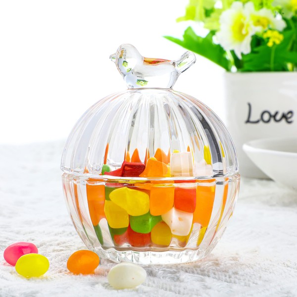 Glass Candy Dish with Lid, Clear Covered Candy Bowl, Crystal Candy Jar, Decorative Candy Server for Home Kitchen Office Table, 3.5oz