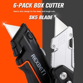 REXBETI 6 Pack Retractable Folding Utility Knife, SK5 Heavy Duty Box Cutter for Cartons, Cardboard and Boxes, Blade Storage Design, Extra 20 Blades Included