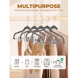 HOUSE DAY Velvet Skirt Hangers 36 Pack, Gray Velvet Hangers with Adjustable Clips, Space Saving Slim Velvet Pant Hangers, Heavy Duty Shorts Hangers, Non Slip Clip Hangers for Pants, Skirts, Shorts