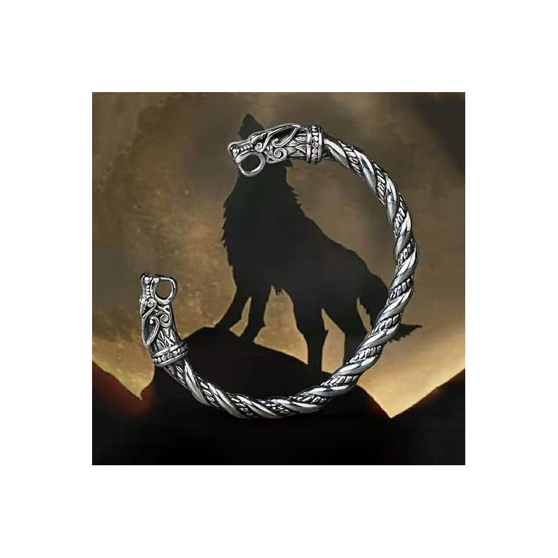 TURTLEDOVE Viking Wolf Head Necklace and Fenrir Bangle Set, Stainless