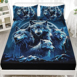 AILONEN Wolf Fitted Sheet Set Full Size,Nigh Forest Sky Starry Wolf Bed Sheet Set Set,Animal Wolf Head Print Sheet Set 3 Pieces, 1 Fitted Sheet and 2 Pillowcases