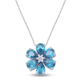 THE JEWEL ZONE Simulated London Blue Topaz & White Sapphire CZ Flower Pendant Necklace in 14k White Gold Over Sterling Silver