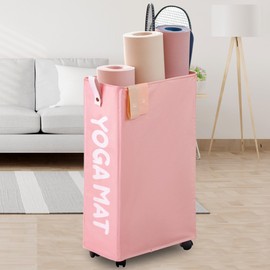 Caroeas Yoga Mat Storage Rack, 27 inches X-Large Yoga Mat Holder Accessories, Home Gym Equipment Storage Yoga Mats, Women Men Workout Equipment Organization with 4 Wheels, Pink