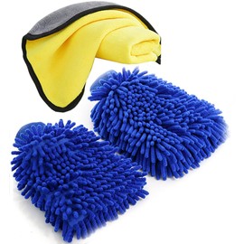 2 PCS Microfiber Car Wash Mitts and One Microfiber Cleaning Cloth，Large Siz Wash Glove Double Sided，Absorbent Microfibre Cleaning Mitts for Cars,Glass, Floor