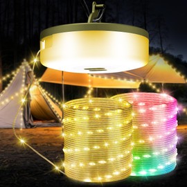 Camping String Lights, 3 in 1 Quick Storage 32.8FT Rechargeable Tent Lights with 9 Modes Hanging Waterproof LED Camp Lamp Camping Essentials for AwnTent Hiking Yard Garden Bedroom Festival -Warm +RGB