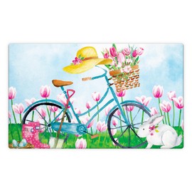 Morigins Happy Easter Bicycle with Cute Bunny Tulips Spring Indoor Rubber Outdoor Mats 18x30 inch