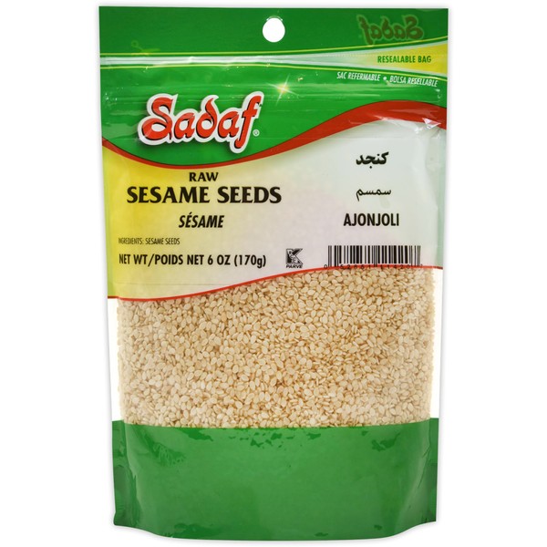Sadaf Sesame Seeds - Raw Sesame Seeds for Cooking and Food Seasoning - Semillas de Ajonjoli - Middle Eastern Cuisine - Kosher - 6 Oz Resealable Bag