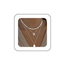 Cimenexe Bohemian Layered Star Choker Necklace Silver Disc Coin Pendant Necklace Hollow Star Snake Chain Collar Necklace Flat Herringbone Chain Necklace Jewellery for Women, Zinc, No Gemstone
