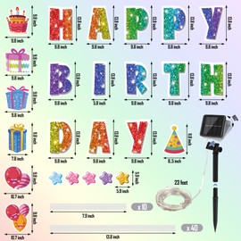 Vivantia 25 Pieces Happy Birthday Yard Signs with 23ft Solar LED Light Outdoor Lawn Signs with Stakes Letters Balloons Lawn Decoration for Birthday Party Supplies, Deep Glitter Rainbow