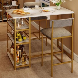 SY-Hot Selling Dining Table Set for 2,3 Piece Counter Height Bar Kitchen Table Set with 3 Storage Shelves for Small Space,Apartment,Kitchen Table and Chairs for 2 with Upholstered Chairs,Easy to Assemble - Colour: Velvet Gray and Gold White, Size: Table 