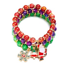 4 PCS Christmas Bracelets for Girls Santa Claus Candy Cane Charm Bracelet Natural Stone Bracelet Cute Christmas Stretch Beaded Bracelet Christmas Holiday Gifts for Teens
