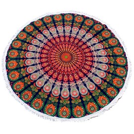 Round Beach Tapestry Mandala Boho Hippie Blanket Indian Cotton Bohemian Large Table Cloth Home Decor Yoga Mat Meditation Picnic Rug Throw Hippy Boho Gypsy Tablecloth Roundie (70 Inches, Orange And
