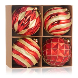 6" Red and Gold Christmas Ball Ornaments Set, 4 Pcs Extra Large Xmas Tree Decoration, Shatterproof Luxury Decorative Hanging Ornament Bulk for Party Holiday Wreath Garland Home Décor